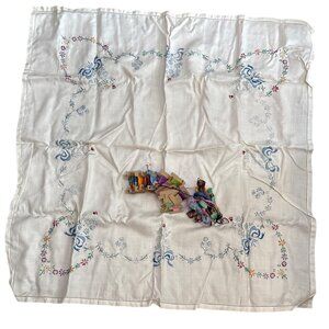Linen Tablecloth & Embroidery Floss Floral Vintage Set 32" Incomplete